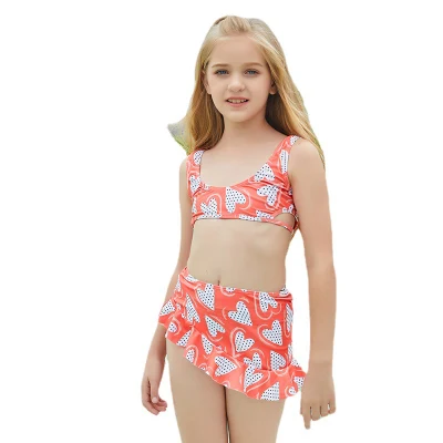 Trajes de baño de último estilo para niñas, estampado de corazón, sin un lado, cuello en U, ropa de playa, traje de baño, falda con volantes, ropa de natación de 2 piezas